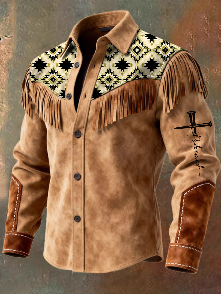 Men's Retro Western Style Art Print Vintage Tassel Casual Long Sleeve Shirt